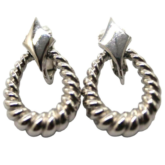 Mid Century Trifari Silver Tone Hoop Earrings • Twisted Rope • Dangle • 1" Drop