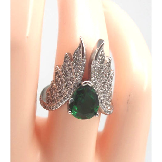 Stunning Faux Emerald Silver Tone Ring Pave Rhinestone Wings • Size 6