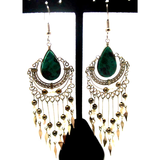Freshwater Pearl Malachite Dangle Earrings Aqua White Etched Silvertone 3-1/2"