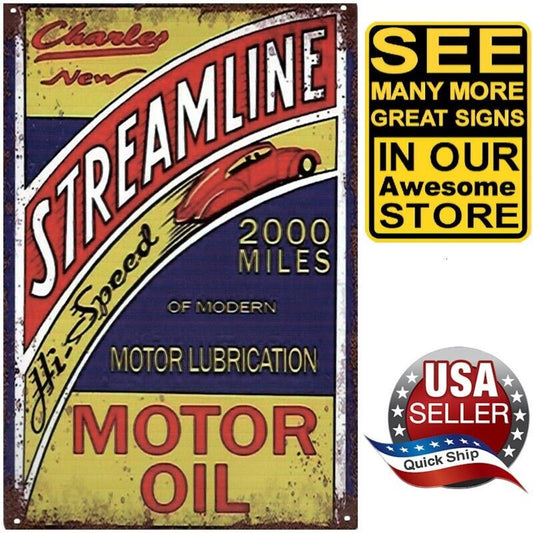 Metal Tin Petroliana Sign •Charles New Streamline Hi-Speed Motor Oil •2000 Miles