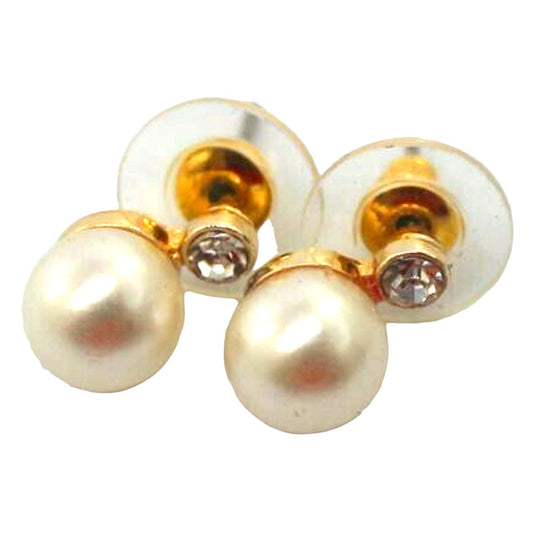 Classic Rhinestone & Faux Pearl Stud Earrings • Gold Tone • 6mm