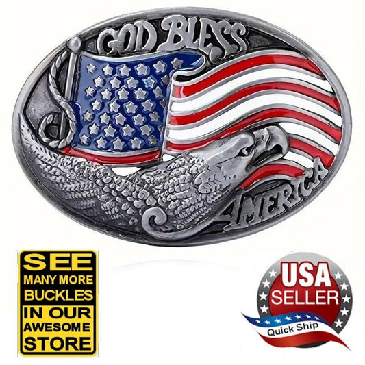 ‘God Bless America’ Eagle Sivertone Belt Buckle • Red White Blue American Flag