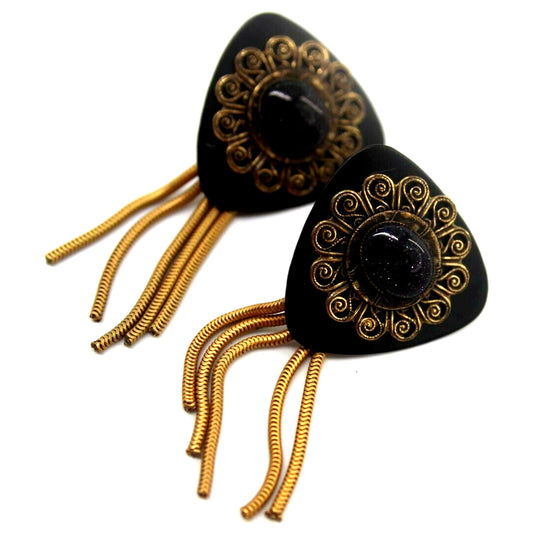 Funky 70s Black Goldstone Earrings • Goldtone Swirls Tassels • 2" Long