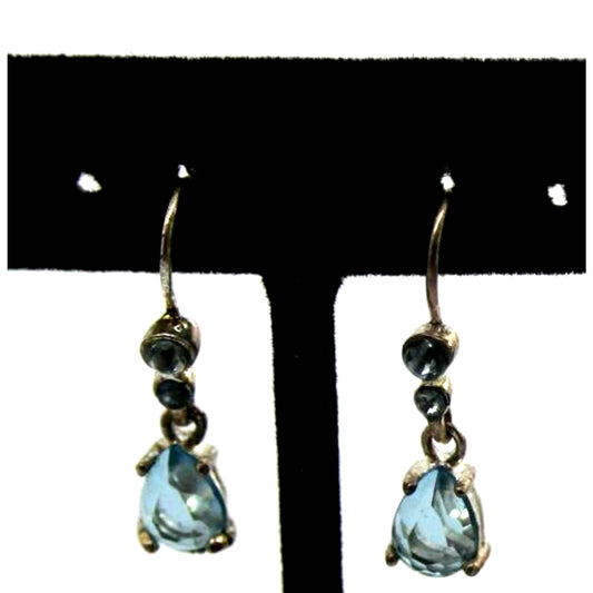 Light Aqua Blue Crystal Rhinestone Earrings • Silvertone • 3/4" Long • Hook