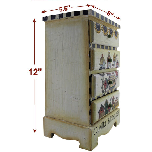 VTG Folk Art Mini 4 Drawer Wood Chest •Handmade & Painted •Birdhouses Sunflowers