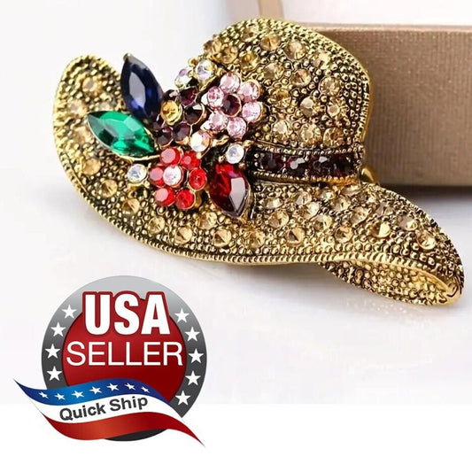 Hat Brooch Sparkling Marquis Cut Rhinestones •Blue Red Pink Green Yellow Purple
