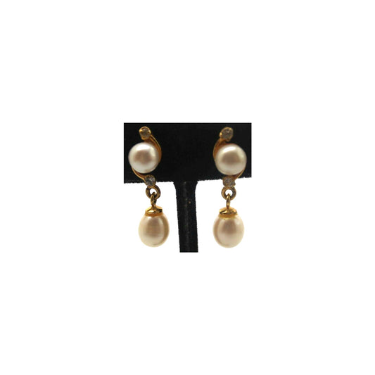 Clear Crystal & Two Genuine Pearl Drop Earrings • Gold Tone