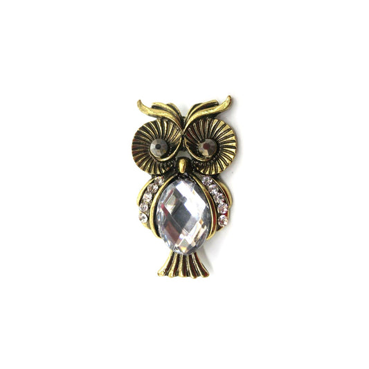 Big Center Rhinestone Owl Brooch Pin Pendant• Gold Tone • 1-3/4"