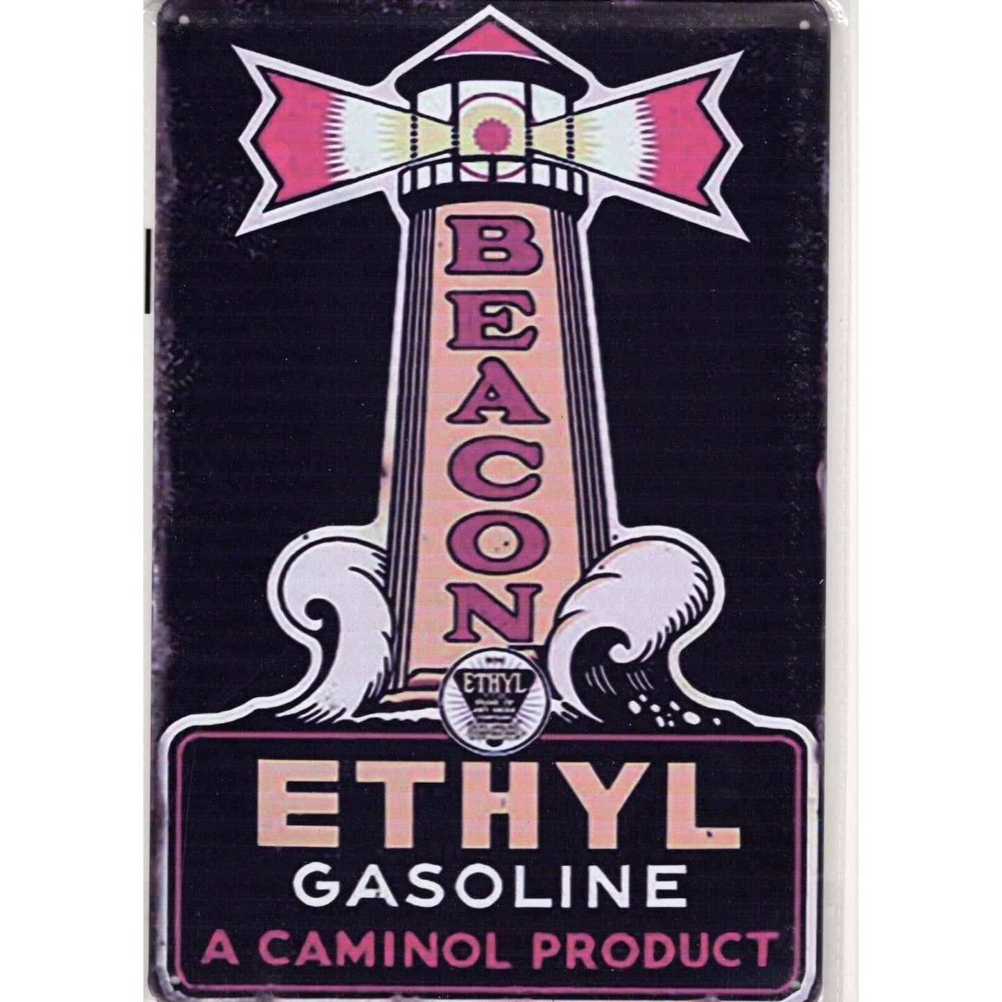 Retro Tin Sign •Petroliana •Beacon Ethyl Gasoline •A Caminol Product •Lighthouse