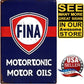 Metal Tin Petroliana Sign • FINA Motortonic Motor Oils • Red, White, & Blue