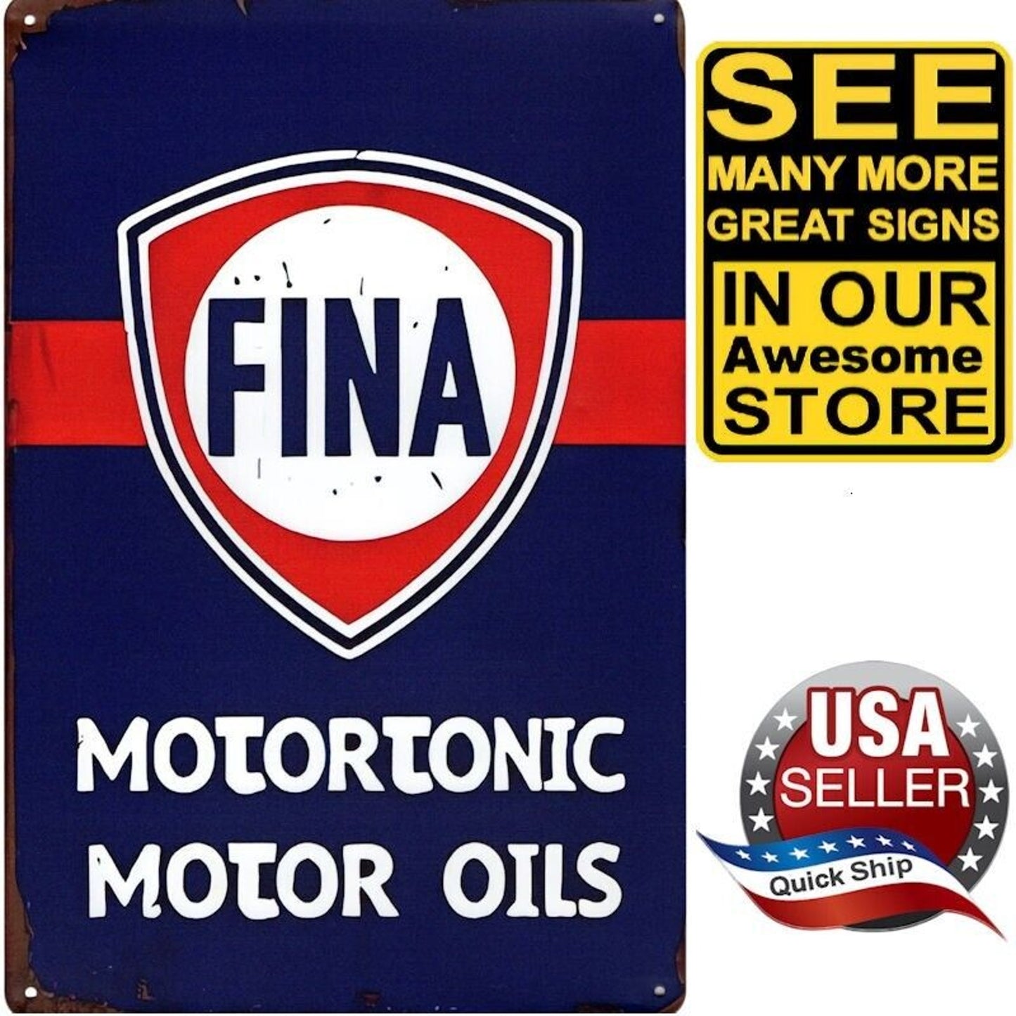 Metal Tin Petroliana Sign • FINA Motortonic Motor Oils • Red, White, & Blue