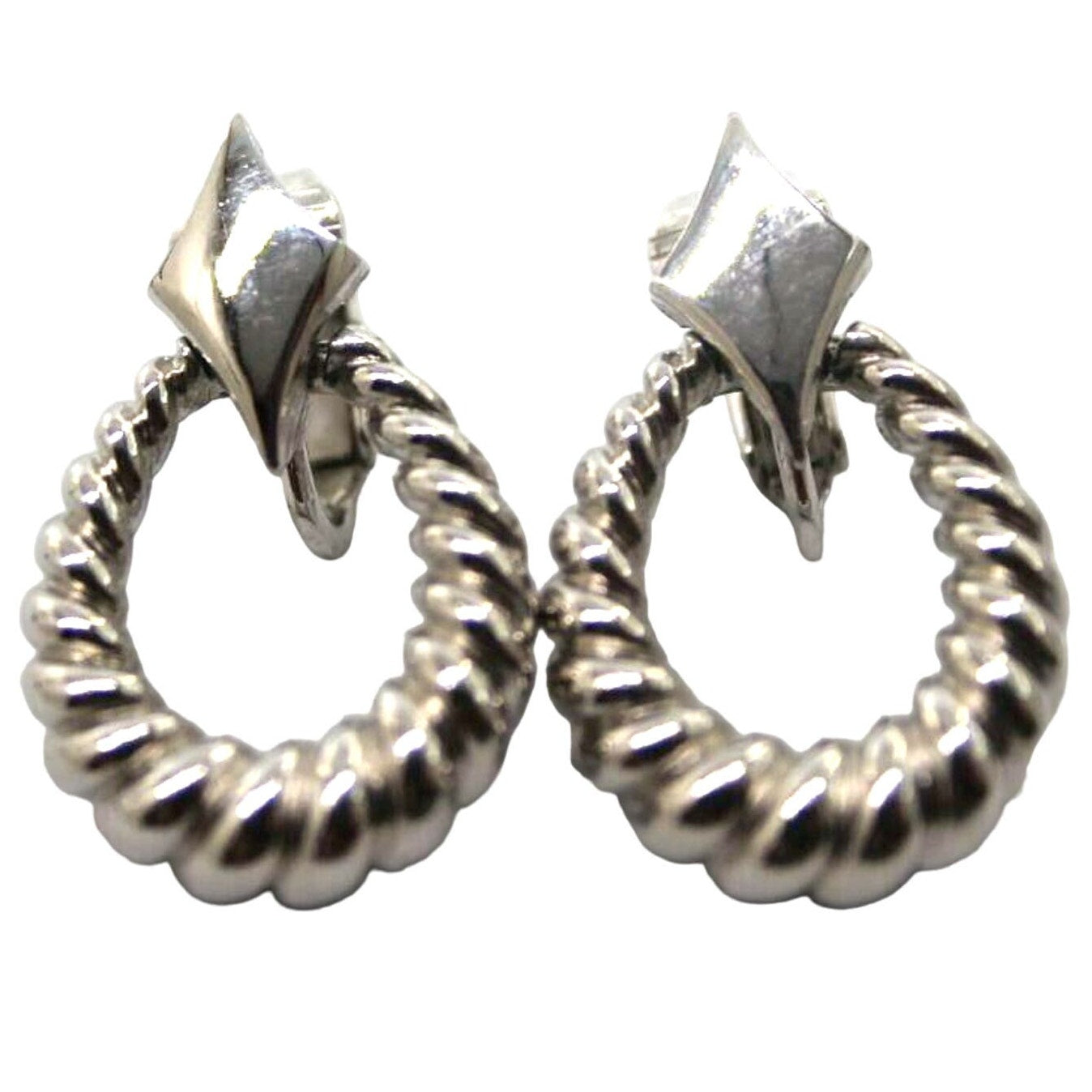Mid Century Trifari Silver Tone Hoop Earrings • Twisted Rope • Dangle • 1" Drop