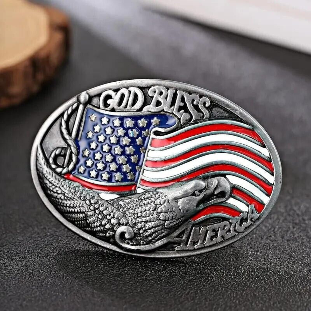 ‘God Bless America’ Eagle Sivertone Belt Buckle • Red White Blue American Flag
