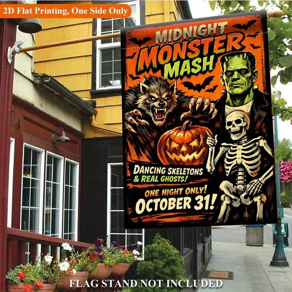 Halloween Monster Mash Party Poster 12x18 Flag • Frankenstein Werewolf Skeleton