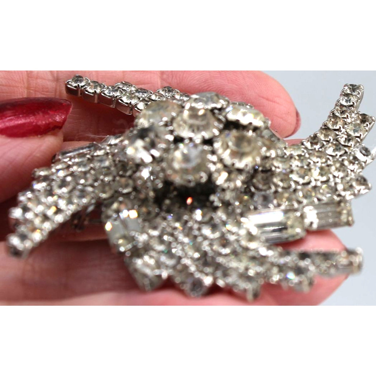 Huge Vtg 3" Tiered Clear Rhinestone Swirl Cluster Baguette Round Swirl Brooch