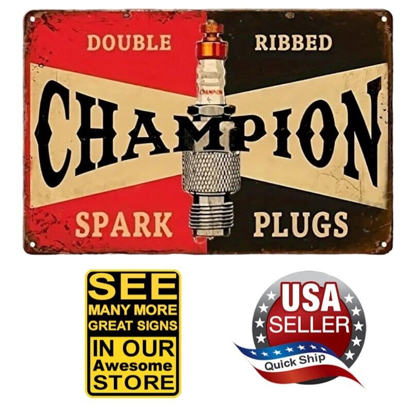 Retro Metal Tin Sign • Petroliana • Champion Spark Plugs • Double Ribbed • 8x12