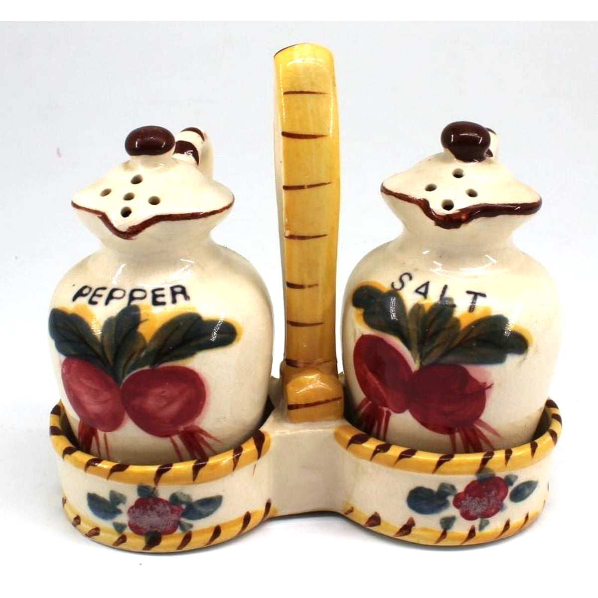 Vintage Nasco Salt Pepper Shakers Holder Ceramic Radishes Handle Japan • 3.5"
