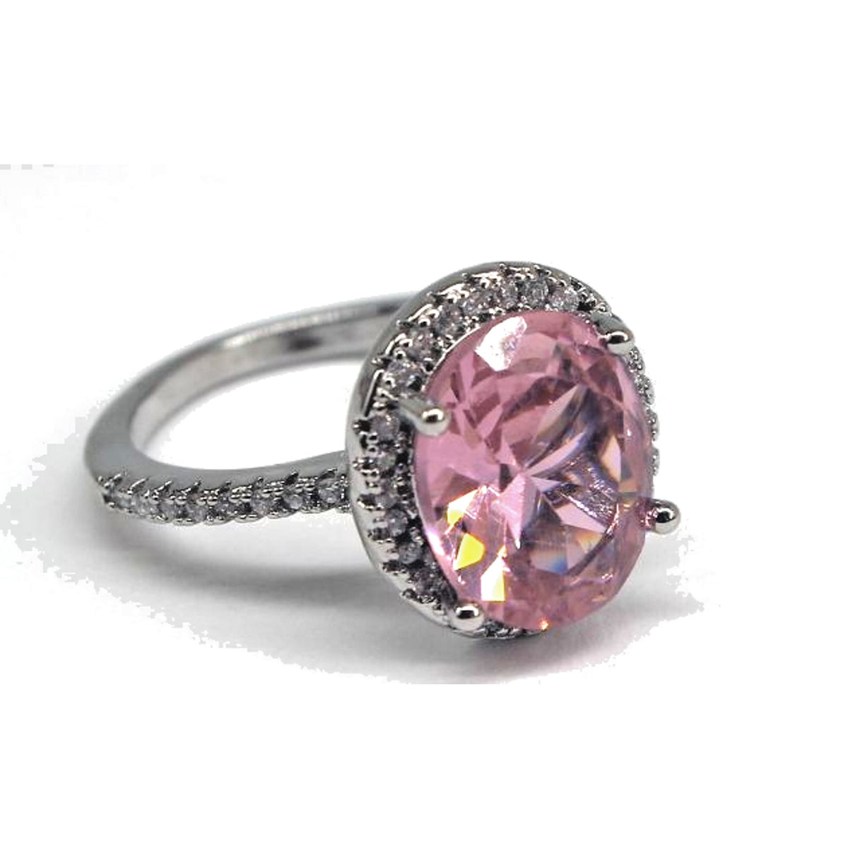 Sparkling Pink Glass Ring Surrounded by Tiny Prong Set Crystals • Silvertone Sz 6