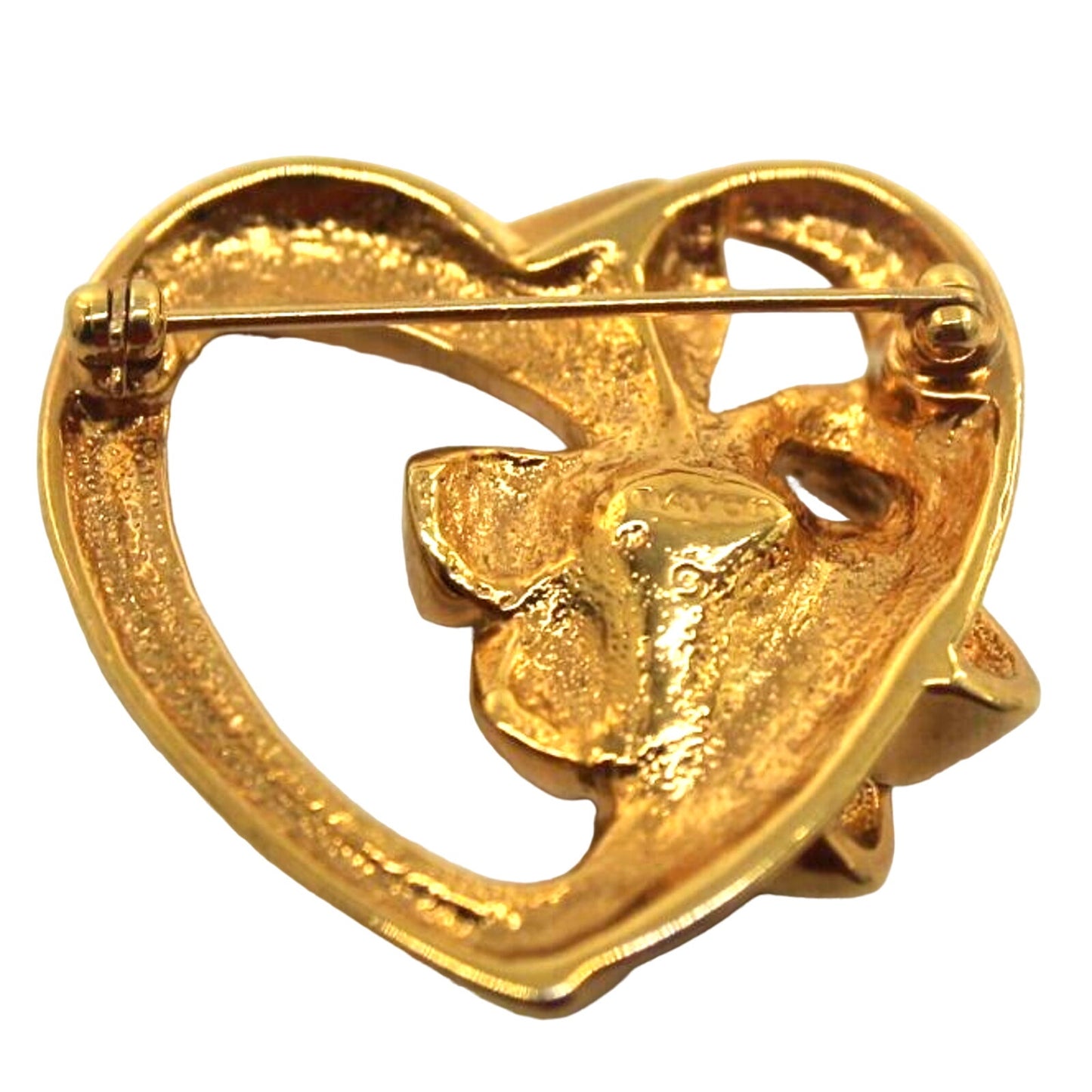 Avon Faux Green Emerald Heart Bow Brooch Pin • Gold Tone
