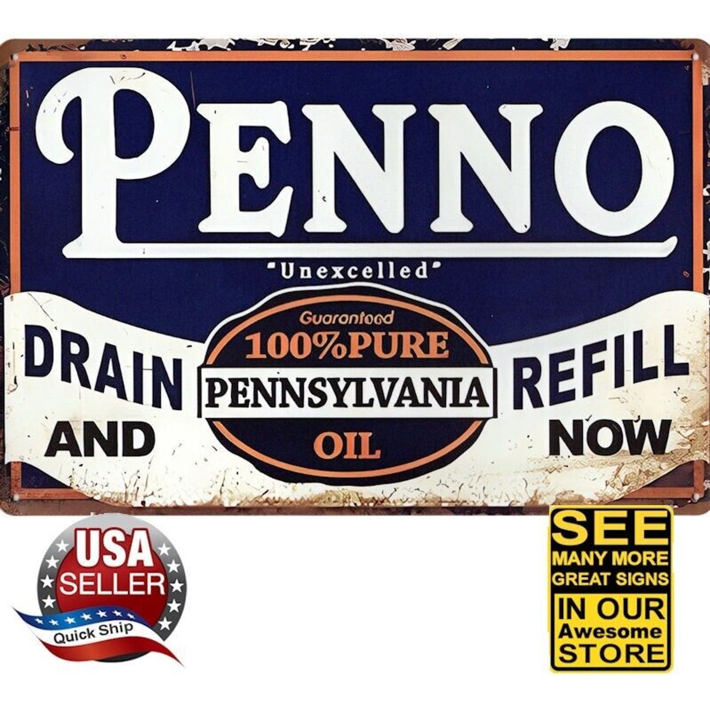 Metal Tin Petroliana Sign • Penno ‘Unexcelled’ Pennsylvania Oil •Guaranteed Pure