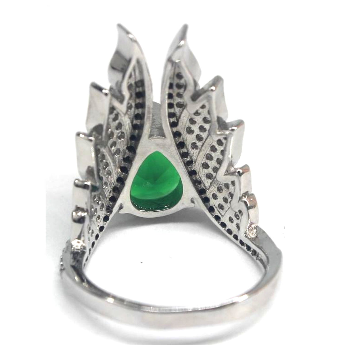Stunning Faux Emerald Silver Tone Ring Pave Rhinestone Wings • Size 6