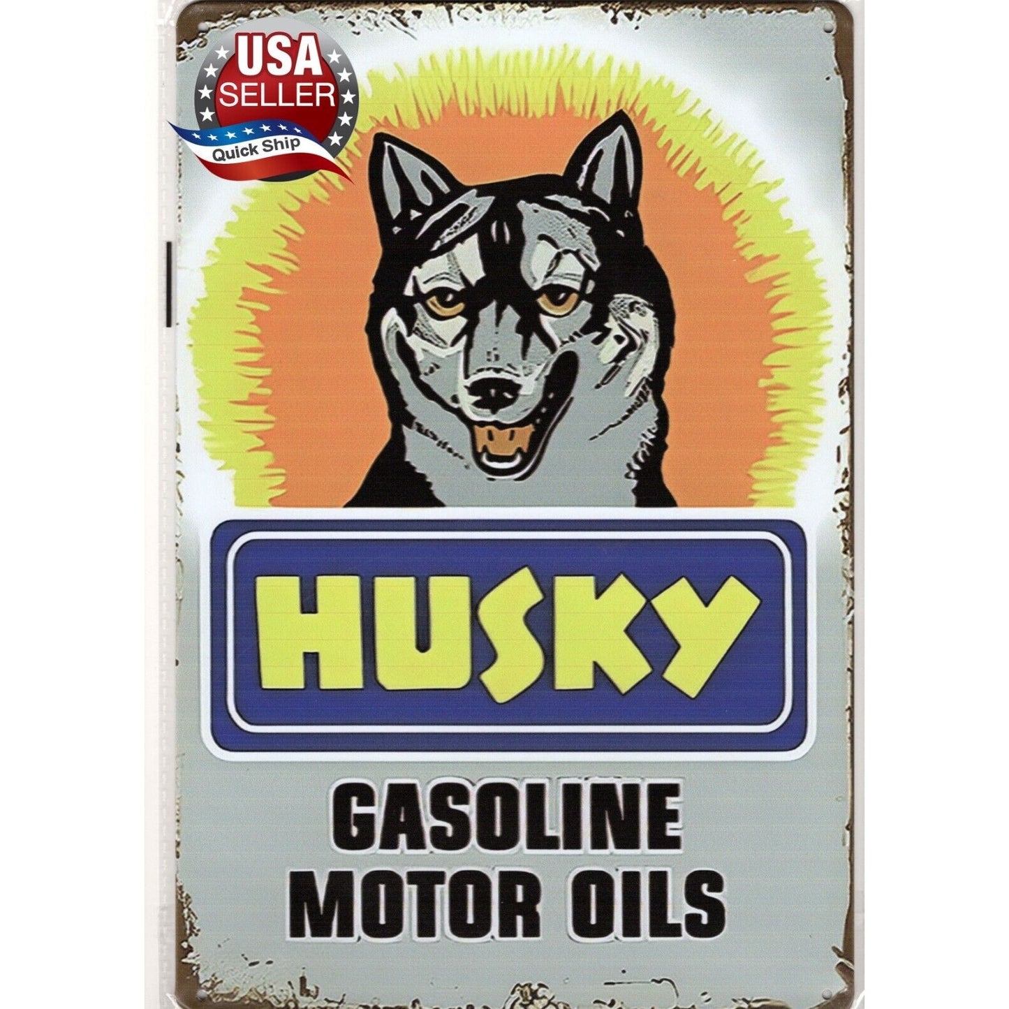 Retro Distressed Tin Sign • Petroliana • Husky Gasoline & Motor Oils • Husky Dog
