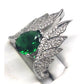 Stunning Faux Emerald Silver Tone Ring Pave Rhinestone Wings • Size 6