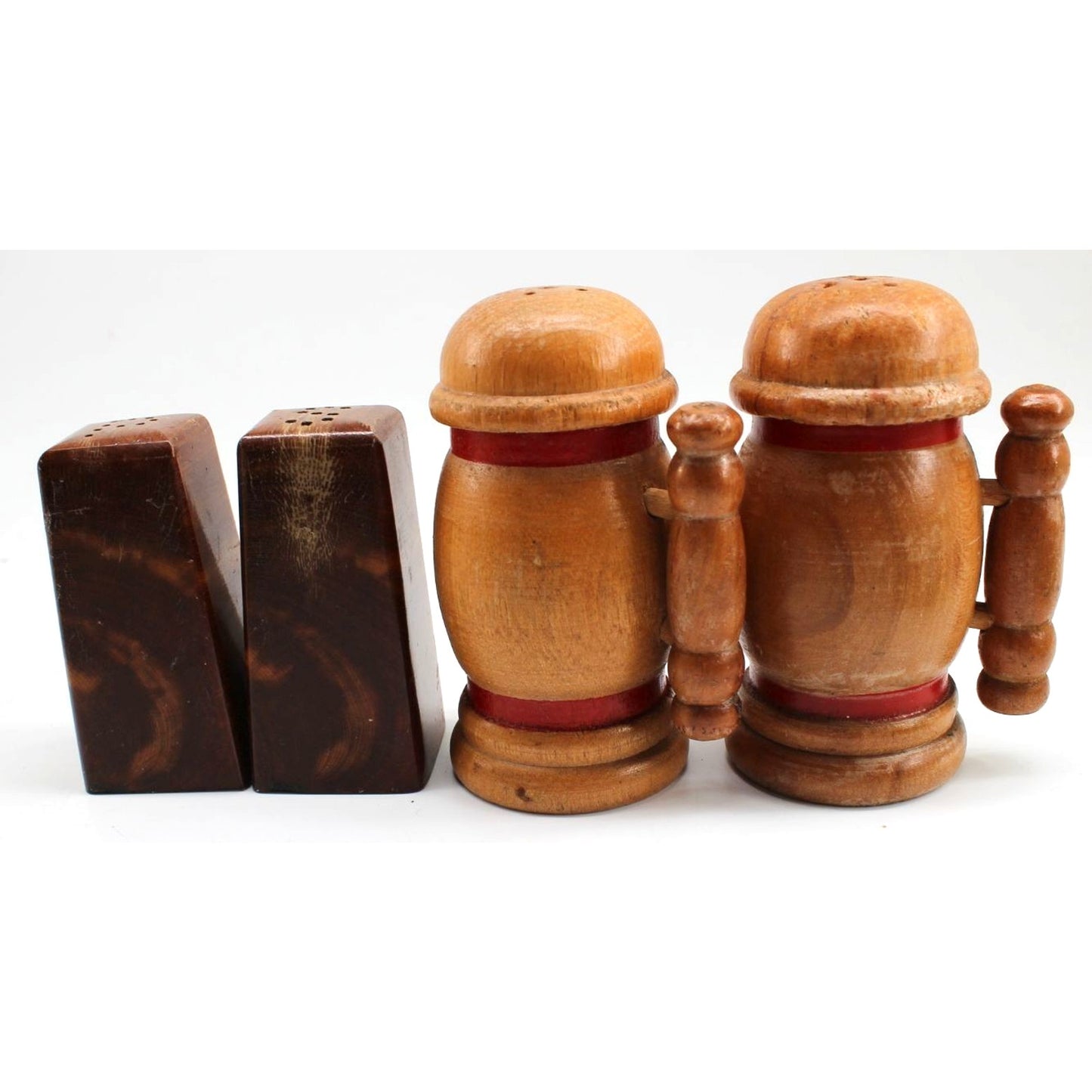 Lot 2 Two Vintage Salt Pepper Shakers Round Wood Handles S P Red Trim
