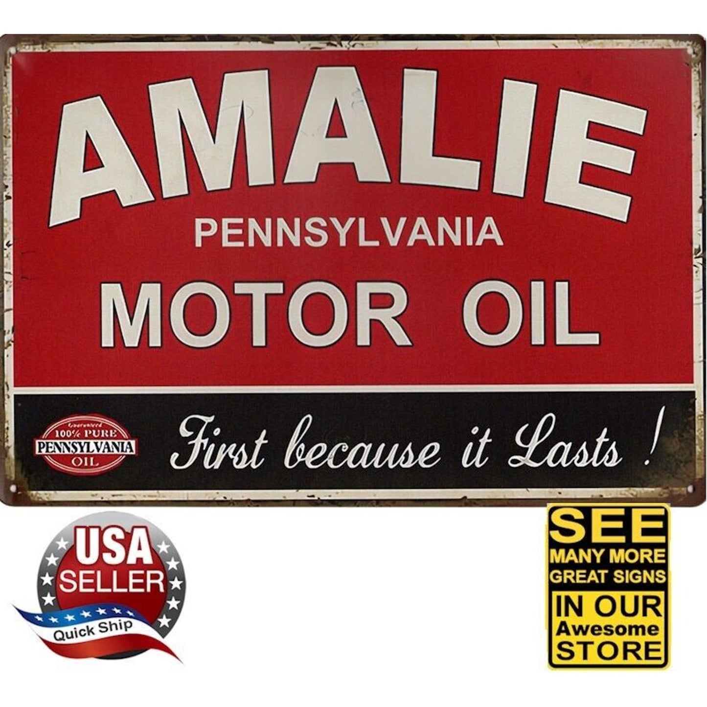 Metal Tin Petroliana Sign •Amalie Pure Pennsylvania Motor Oil •Because It Lasts