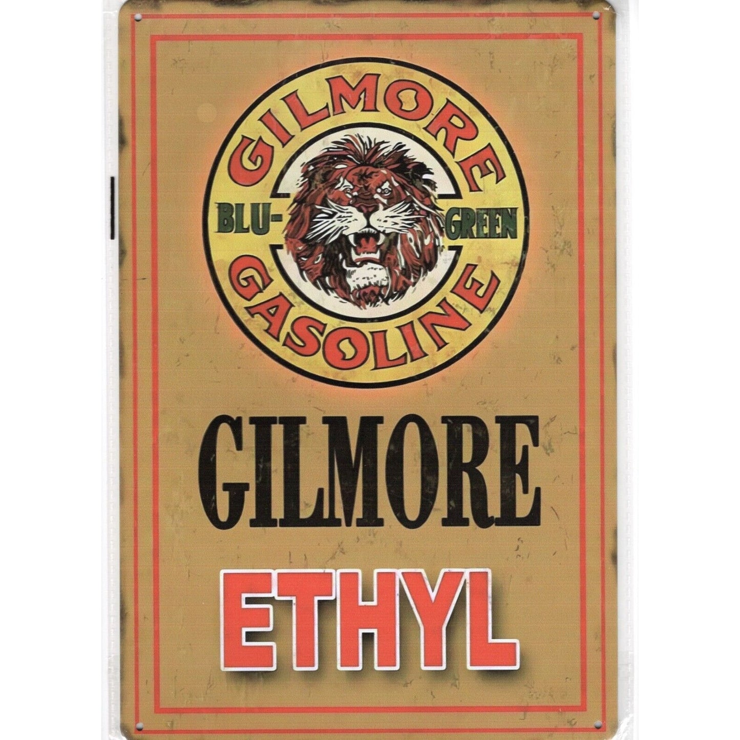 Retro Tin Sign • Petroliana • Gilmore Lion • Blue-Green Gasoline • Gilmore Ethyl