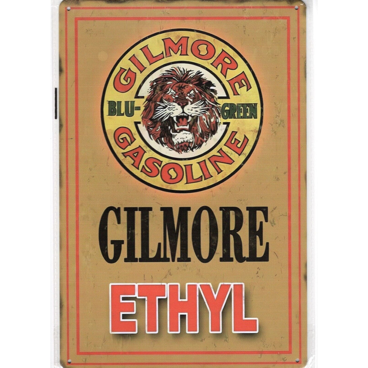 Retro Tin Sign • Petroliana • Gilmore Lion • Blue-Green Gasoline • Gilmore Ethyl