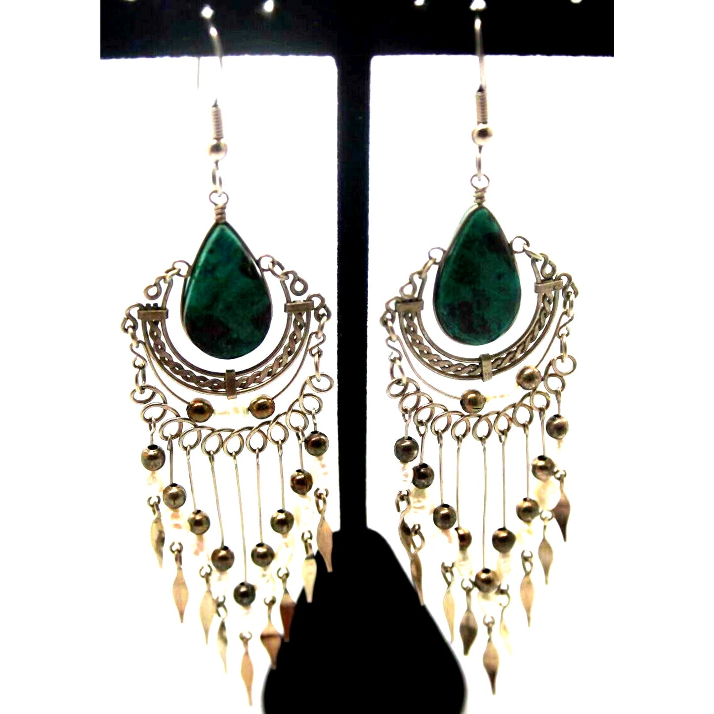 Freshwater Pearl Malachite Dangle Earrings Aqua White Etched Silvertone 3-1/2"