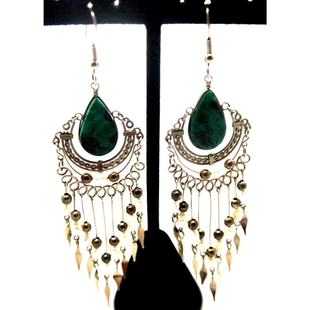 Freshwater Pearl Malachite Dangle Earrings Aqua White Etched Silvertone 3-1/2"