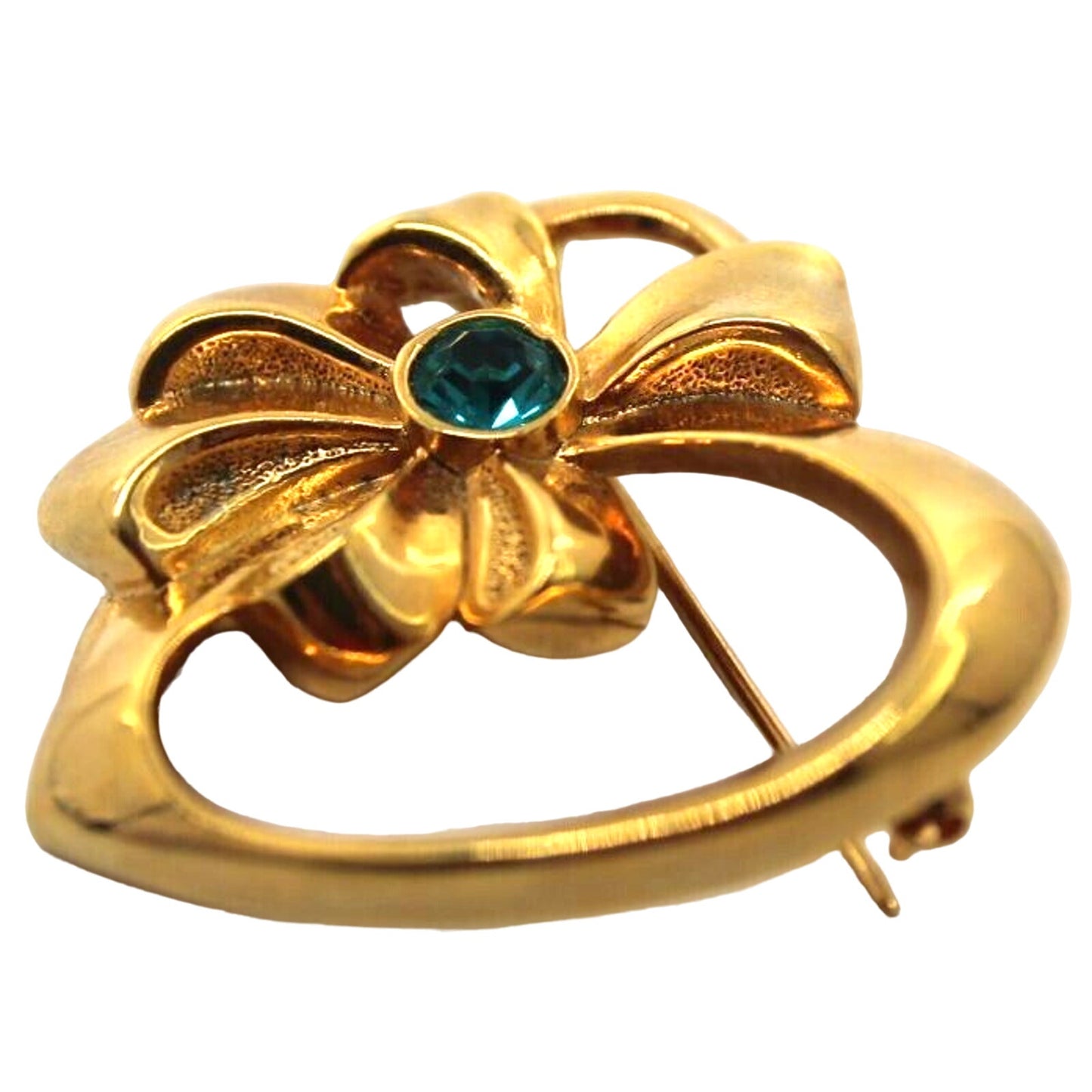 Avon Faux Green Emerald Heart Bow Brooch Pin • Gold Tone