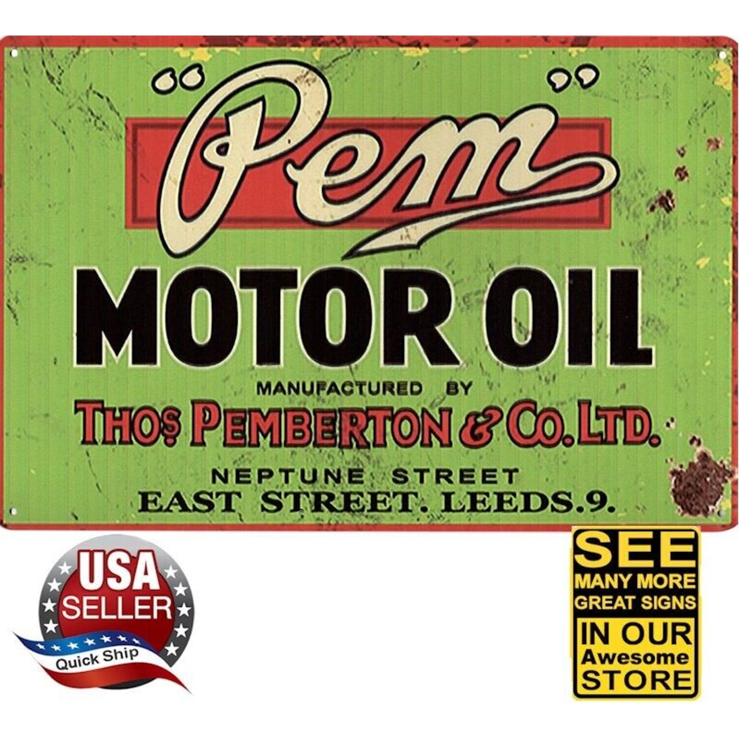 Metal Tin Petroliana Sign •Pem Motor Oil •Thos Pemberton & Co •Leeds, England UK
