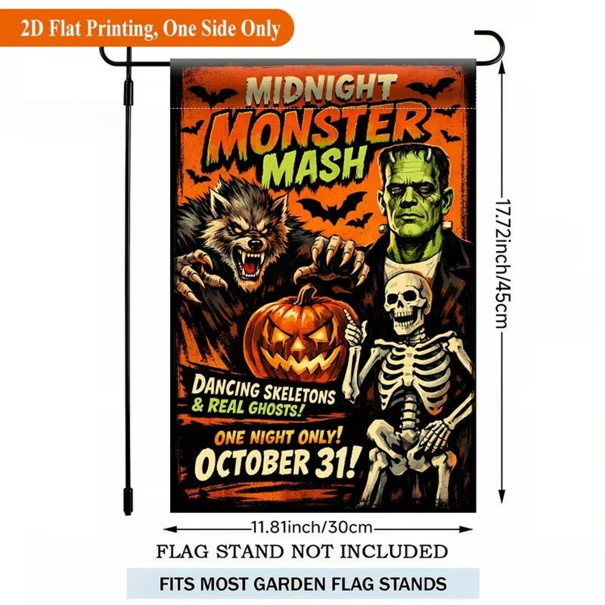 Halloween Monster Mash Party Poster 12x18 Flag • Frankenstein Werewolf Skeleton