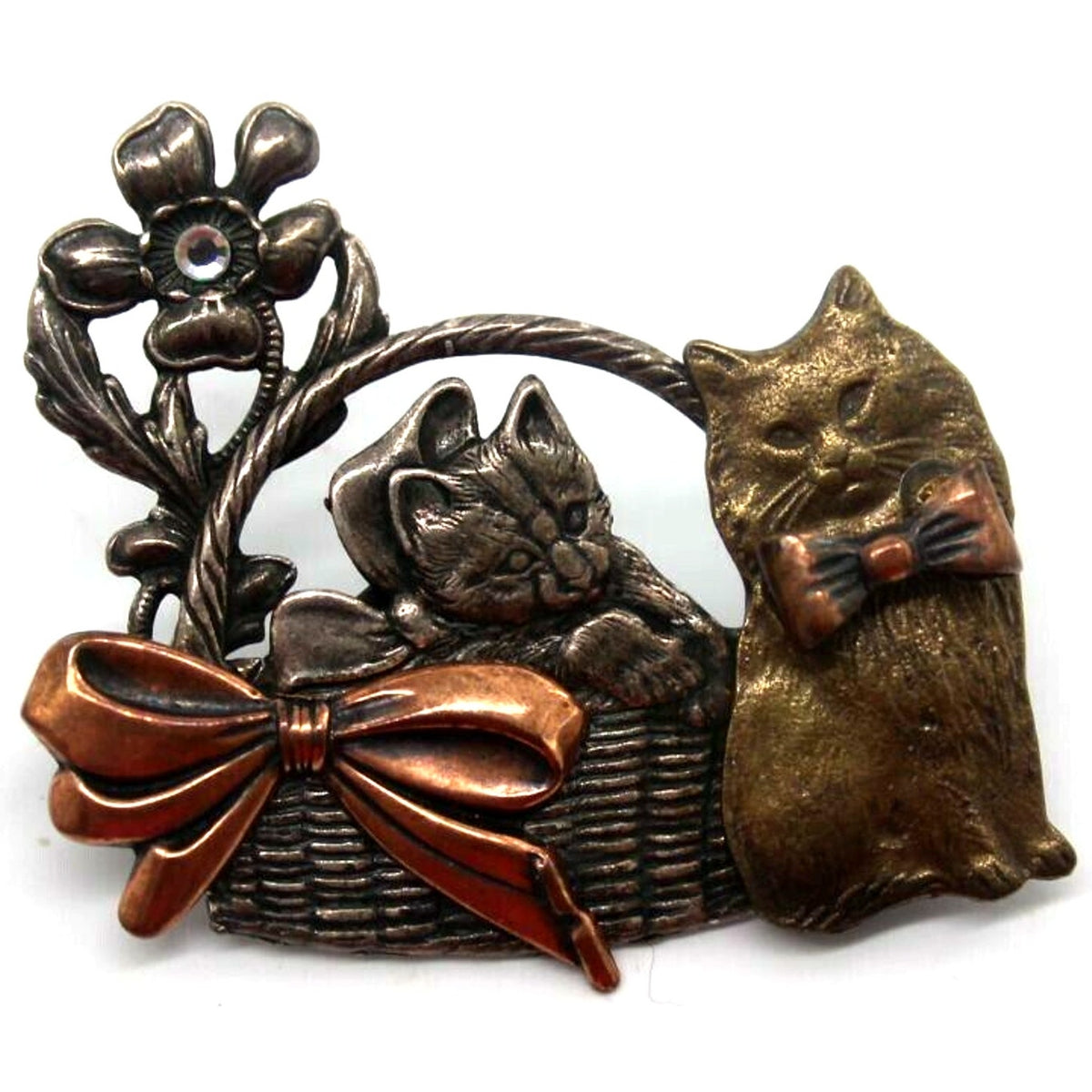 KC Kenneth Cole Cats Kitten Brooch Pin Rhinestone Flower Accent Bow Basket