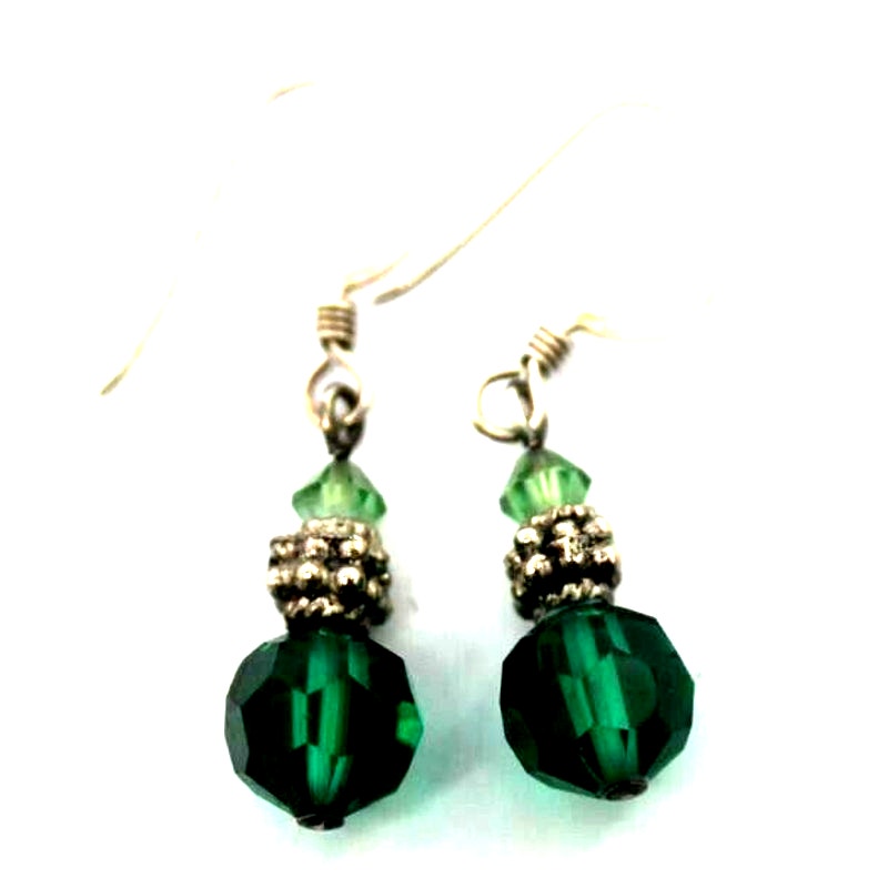 Vintage Emerald Green Crystal Ball Earrings • Bead • Silvertone 1-1/4" Drop
