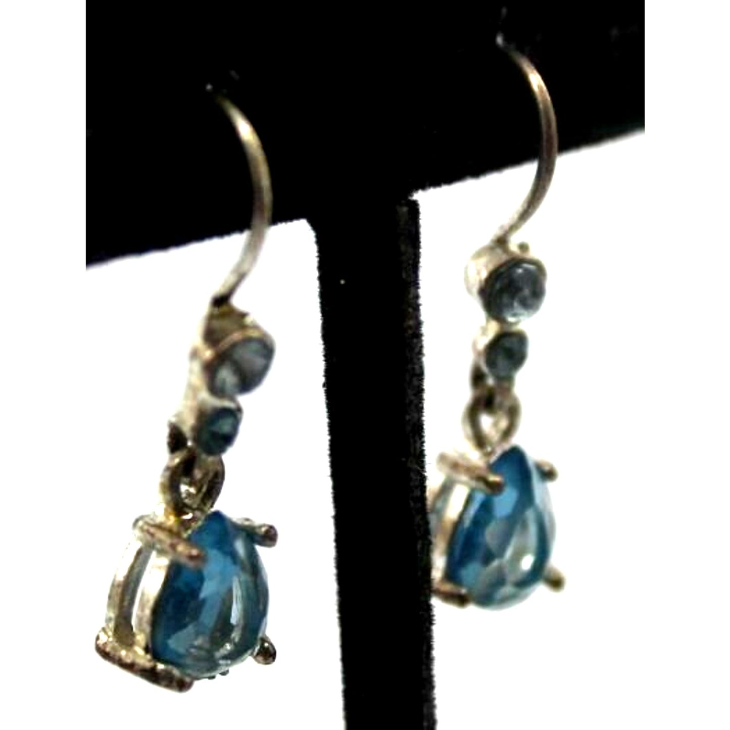 Light Aqua Blue Crystal Rhinestone Earrings • Silvertone • 3/4" Long • Hook