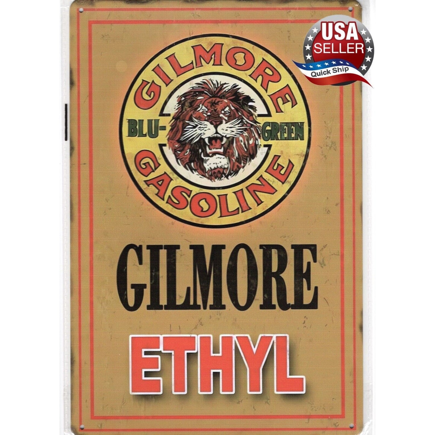 Retro Tin Sign • Petroliana • Gilmore Lion • Blue-Green Gasoline • Gilmore Ethyl