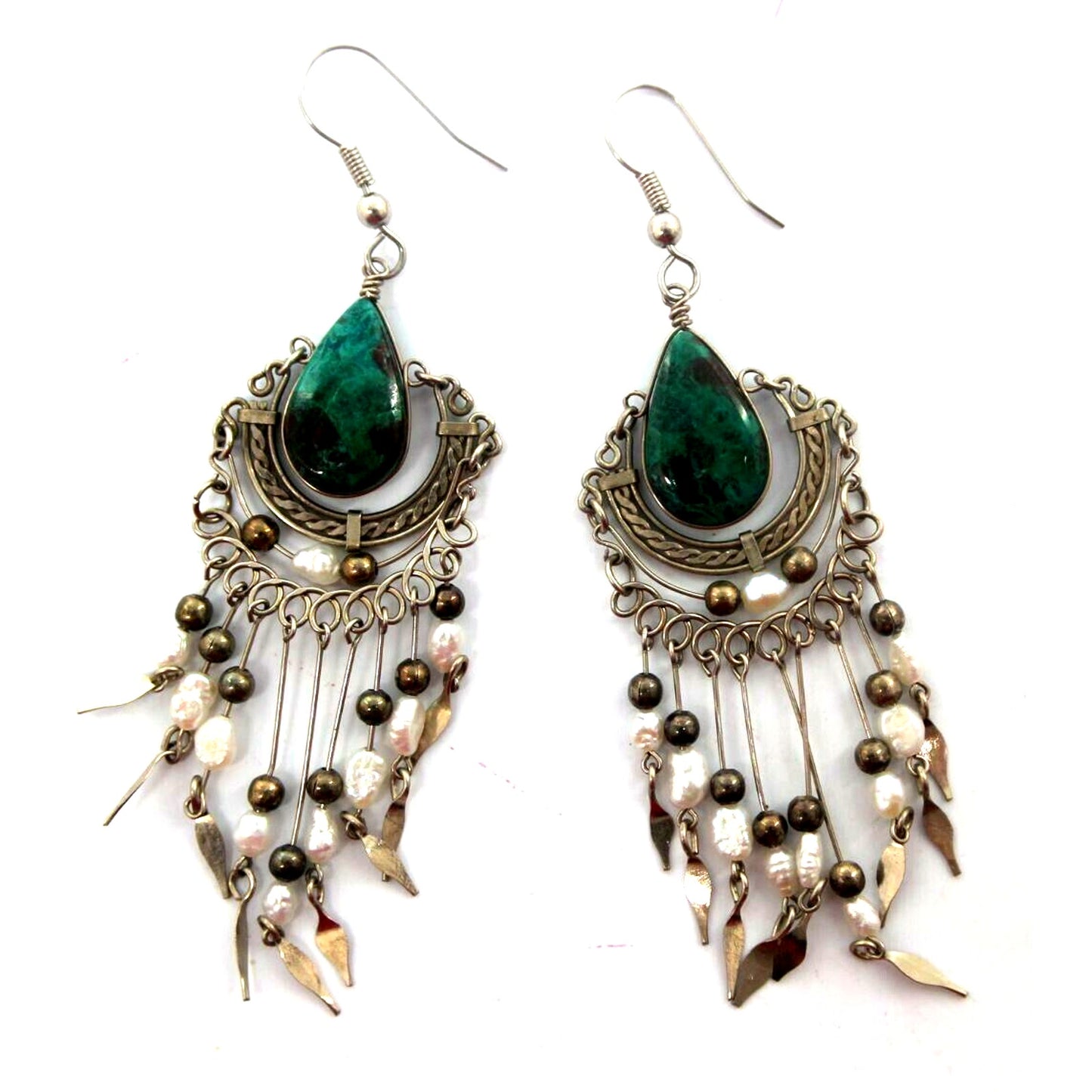 Freshwater Pearl Malachite Dangle Earrings Aqua White Etched Silvertone 3-1/2"