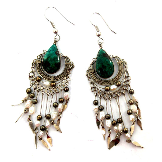 Freshwater Pearl Malachite Dangle Earrings Aqua White Etched Silvertone 3-1/2"