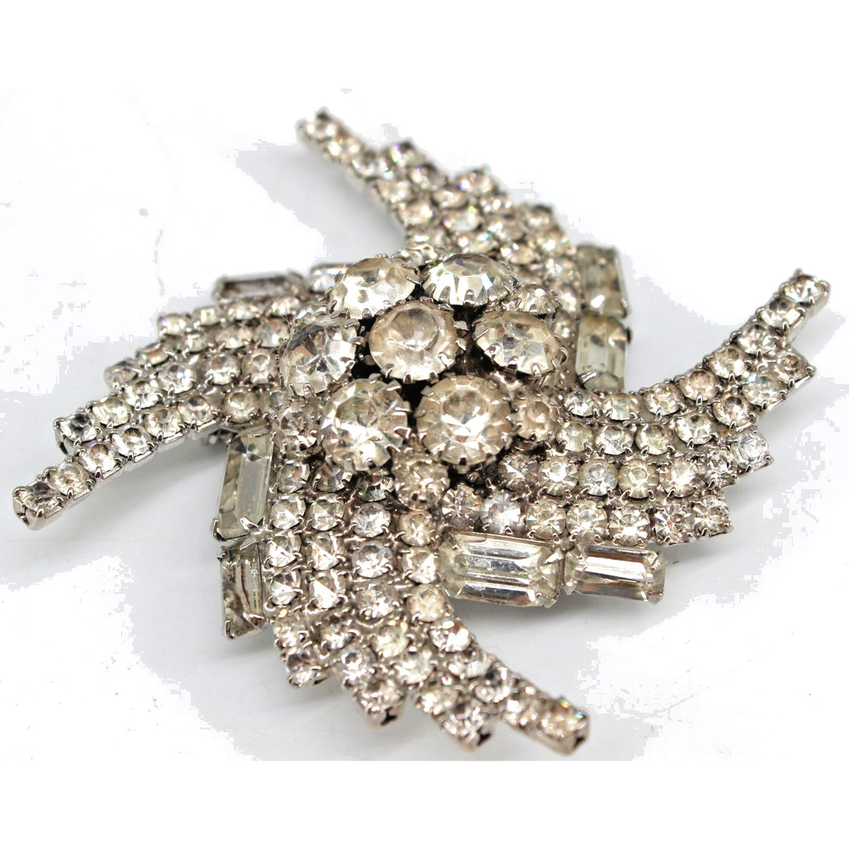 Huge Vtg 3" Tiered Clear Rhinestone Swirl Cluster Baguette Round Swirl Brooch