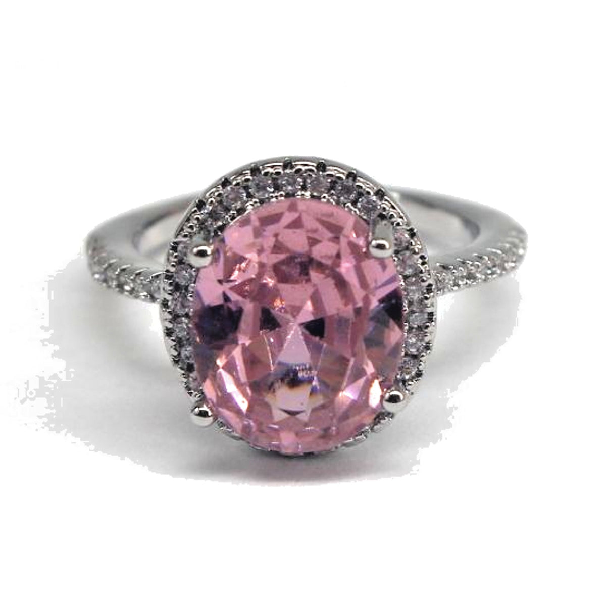 Sparkling Pink Glass Ring Surrounded by Tiny Prong Set Crystals • Silvertone Sz 6