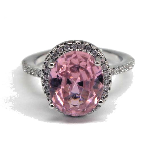 Sparkling Pink Glass Ring Surrounded by Tiny Prong Set Crystals • Silvertone Sz 6