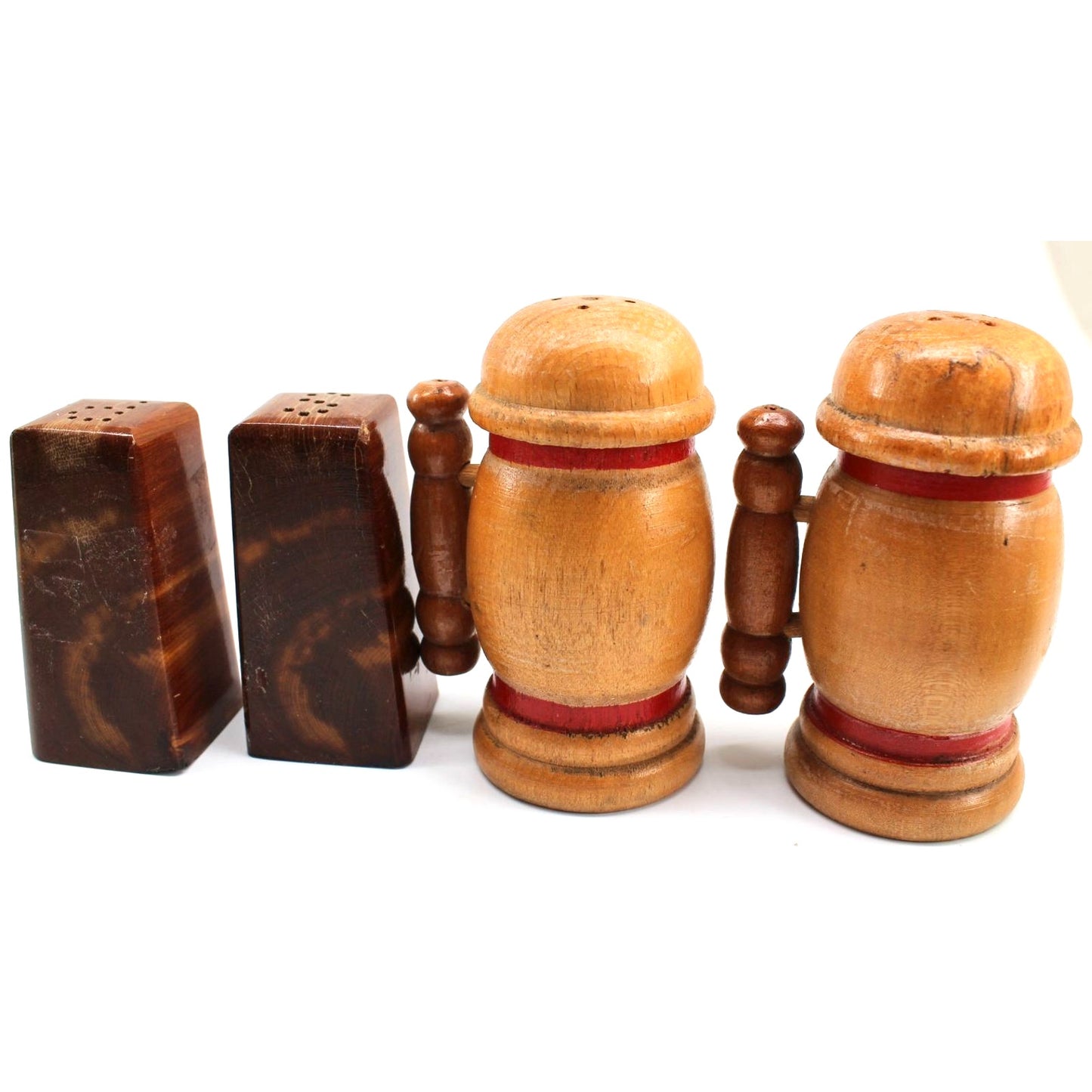 Lot 2 Two Vintage Salt Pepper Shakers Round Wood Handles S P Red Trim