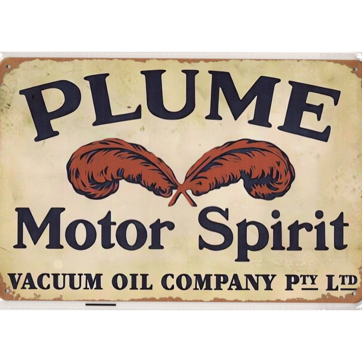 Retro Tin Sign • Petroliana • Plume Motor Spirit • Vacuum Oil Company PTY LTD