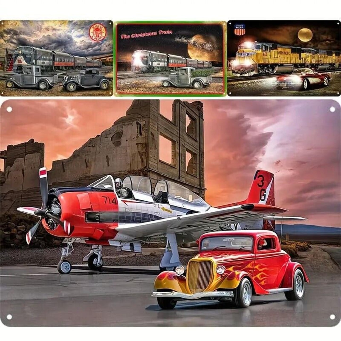 Tin Metal Sign • 1934 Ford 3-Window Hot Rod & Navy Fighter Plane • T-28 Trojan