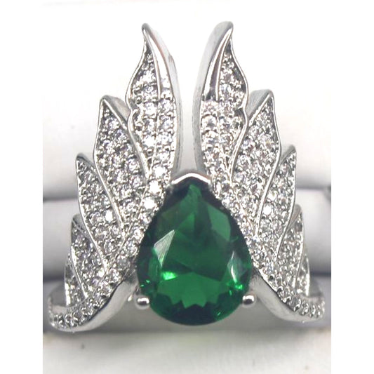 Stunning Faux Emerald Silver Tone Ring Pave Rhinestone Wings • Size 6