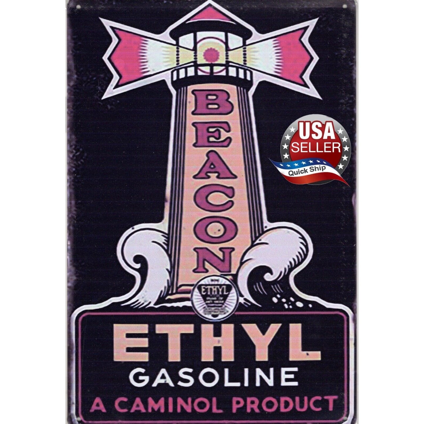 Retro Tin Sign •Petroliana •Beacon Ethyl Gasoline •A Caminol Product •Lighthouse